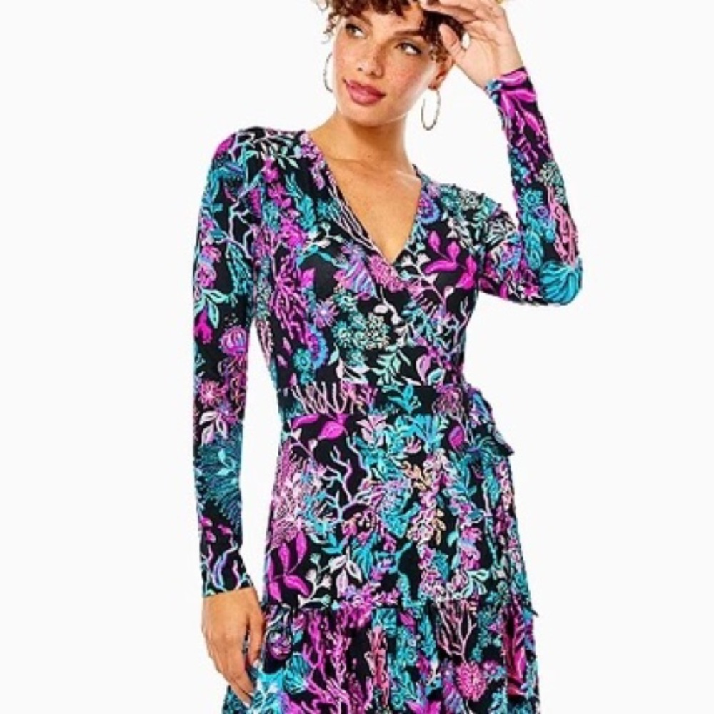 Lilly Pulitzer Black Long Sleeve Misha Romper Wrap Dress Small S Shorts